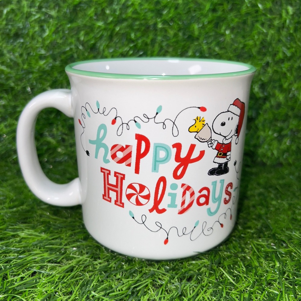 Snoopy Happy Holidays Mug Christmas Peanuts Character Green Rim Ceramic